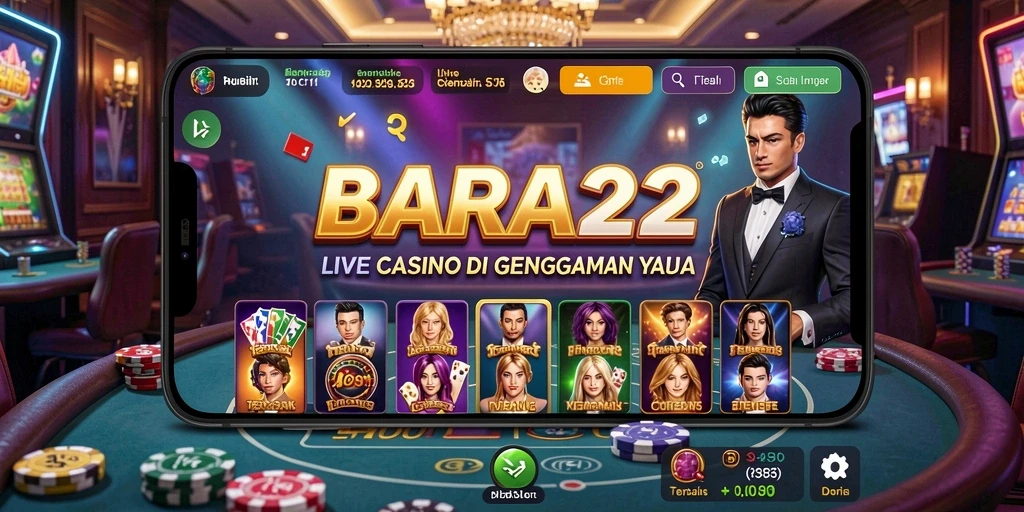 Screenshot gameplay BARA22 menampilkan dealer profesional dan suasana kasino yang hidup.