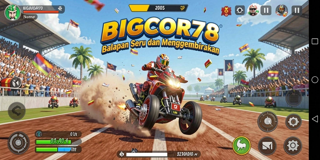 Screenshot gameplay BIGCOR78 menampilkan aksi balapan yang menegangkan.