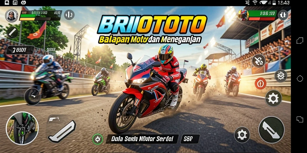 Tangkapan layar gameplay BRIOTOTO menunjukkan balapan motor yang menegangkan.