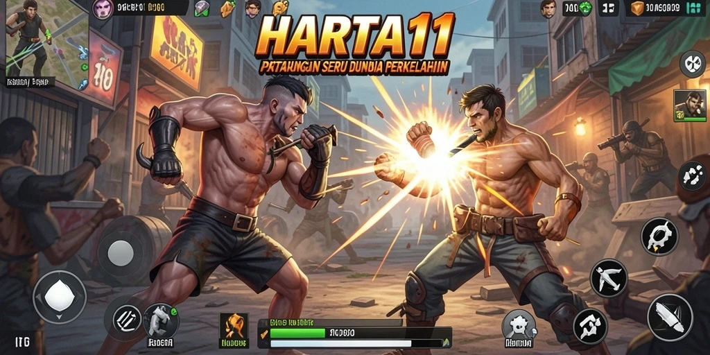 Tangkapan layar menampilkan pertarungan dinamis antara karakter di HARTA11.