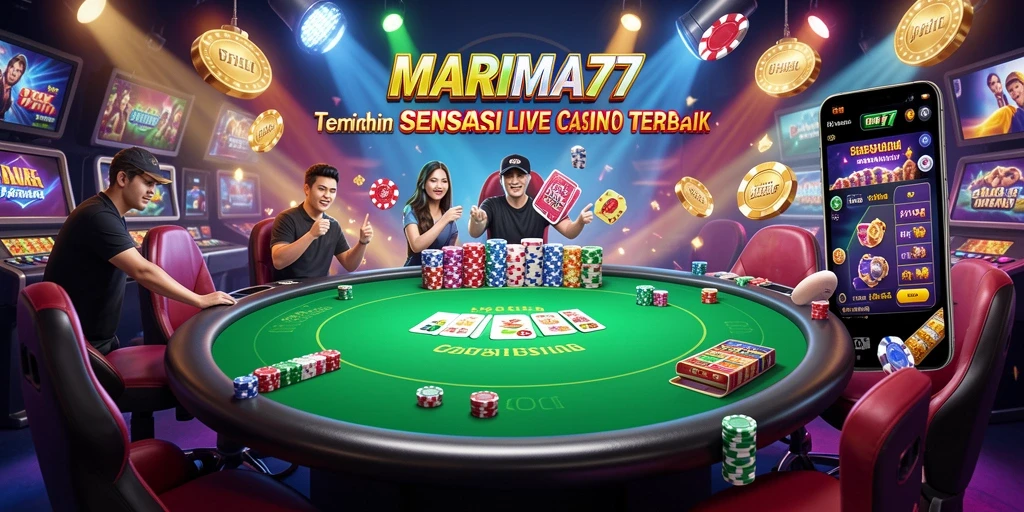 Screenshot gameplay MARIMA77 menampilkan dealer dan meja permainan Live Casino.