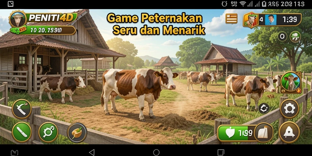 Gameplay PENITI4D yang menunjukkan aktivitas bertani dan beternak.