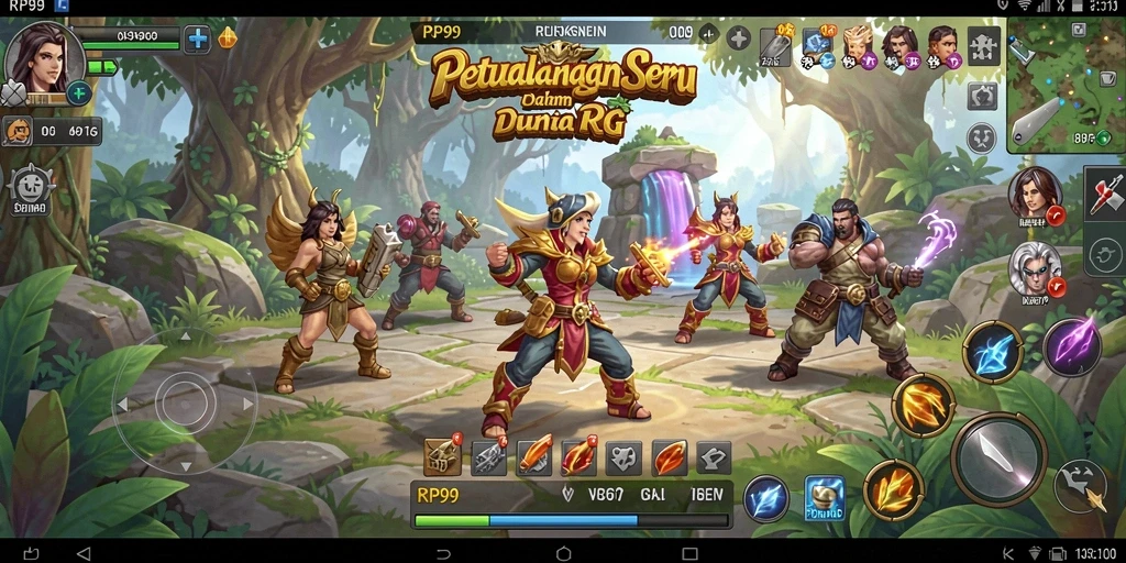Screenshot utama RP99 menampilkan pertarungan epik dalam dunia RPG.