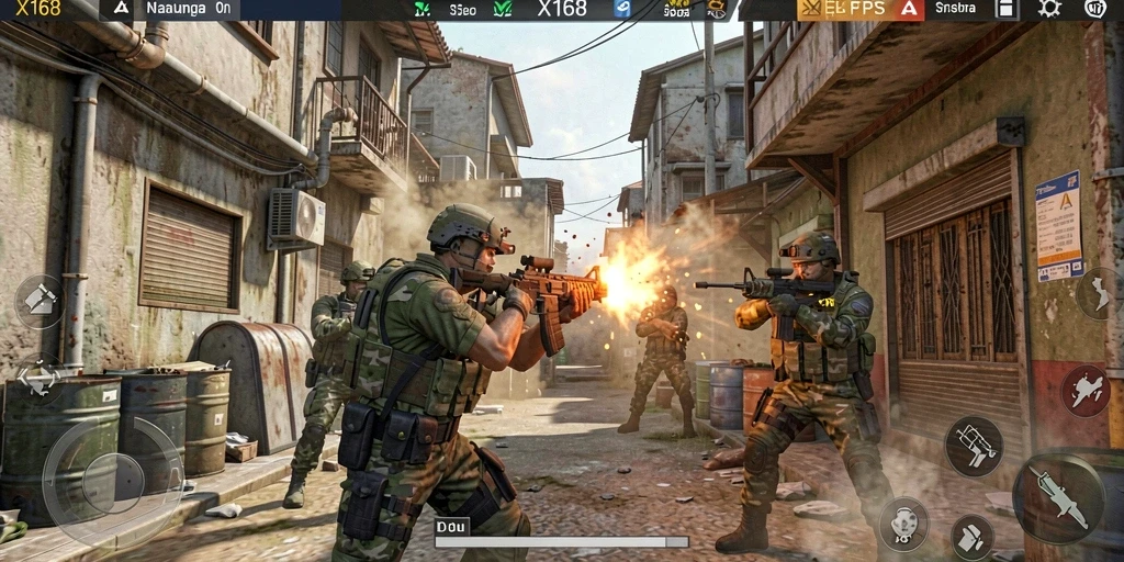 Screenshot menunjukkan aksi tembak-menembak seru di X168.